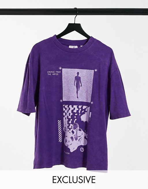COLLUSION Unisex oversized t-shirt with print in purple acid wash pique fabric