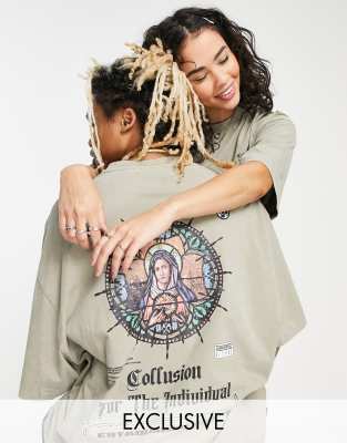 COLLUSION Unisex oversized t-shirt with print in stone acid wash