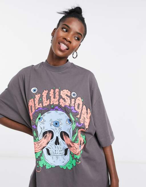 COLLUSION Unisex oversized t shirt with skull print in charcoal ASOS