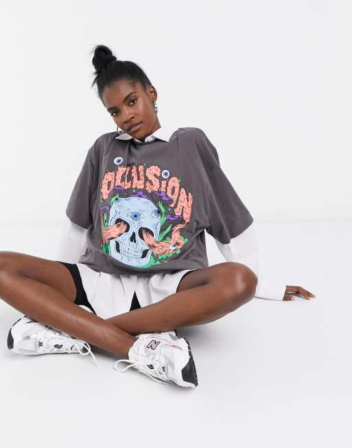 COLLUSION Unisex oversized t shirt with skull print in charcoal ASOS