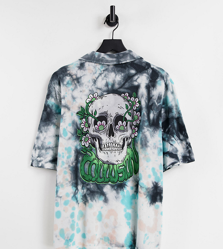 Shirt by COLLUSION Part of our responsible edit Tie-dye design Revere collar Button placket Skull graphic to back Oversized fit Unisex style