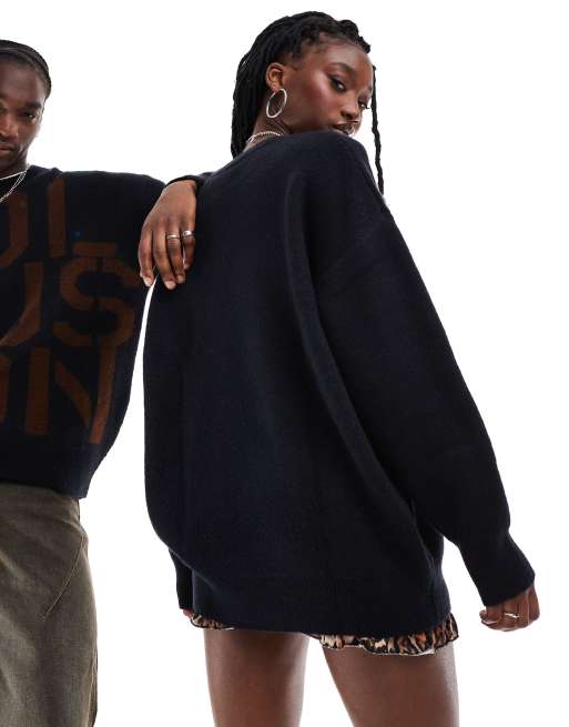 COLLUSION Unisex - Oversized trui met ronde hals en merklogo in marineblauw, 3 van 4