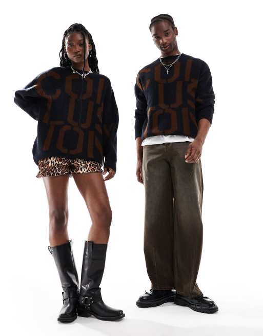 COLLUSION Unisex - Oversized trui met ronde hals en merklogo in marineblauw, 4 van 4