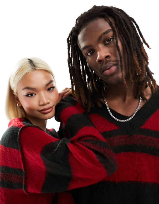 COLLUSION Unisex oversized v-neck sweater in red and black stripe