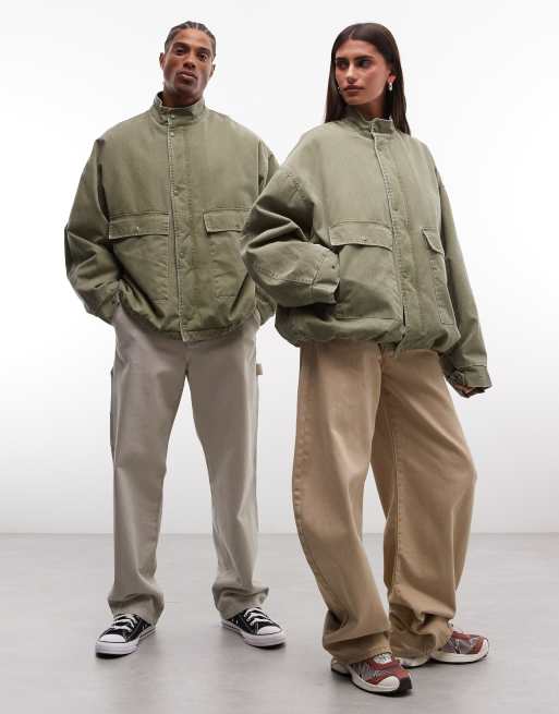 COLLUSION unisex oversized vadderad utilityjacka med ståkrage i grönt, 2 av 4