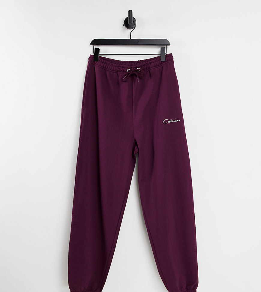 COLLUSION Unisex oversized varsity sweatpants in vintage burgundy - part of a set-Red