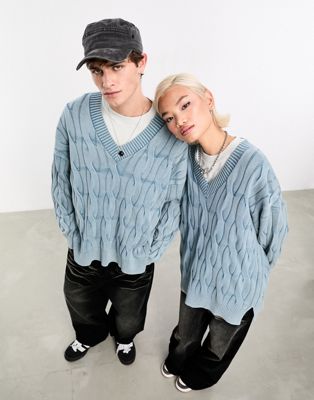 COLLUSION Unisex oversized washed distressed cable knit jumper in light blue