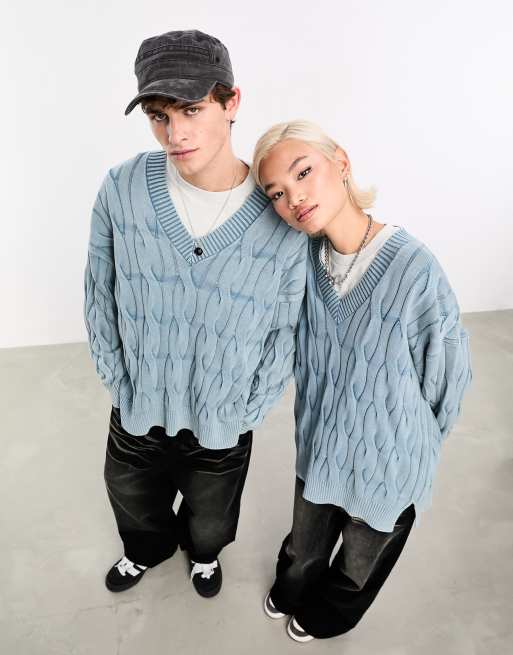 COLLUSION Unisex oversized washed distressed cable knit sweater in light  blue