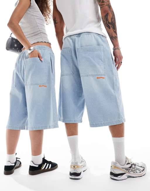 COLLUSION Unisex - Pantaloncini di jeans taglio lungo lavaggio chiaro
