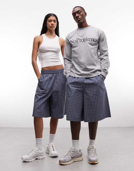 COLLUSION Unisex - Pantaloncini taglio lungo blu a quadri