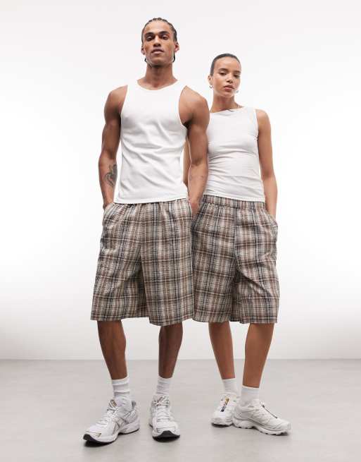 COLLUSION Unisex - Pantaloncini taglio lungo marrone a quadri