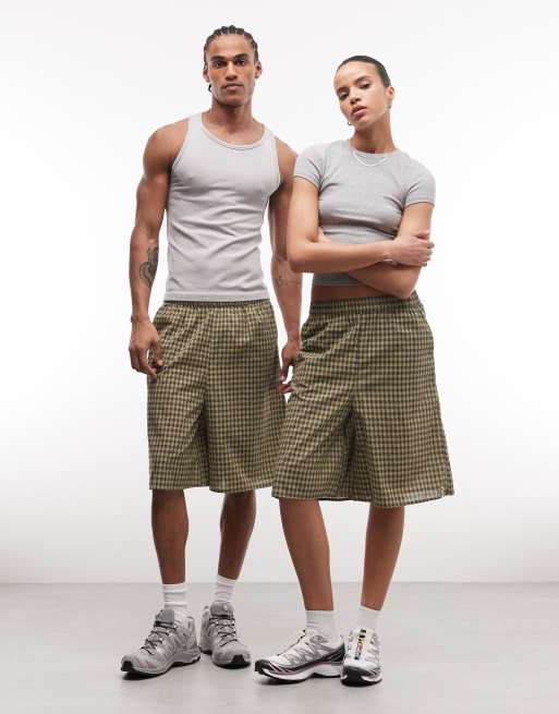 COLLUSION Unisex - Pantaloncini taglio lungo verdi a quadretti