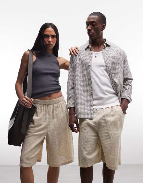 COLLUSION Unisex - Pantalones cortos playeros beis a cuadros de corte alargado extragrandes - view 1