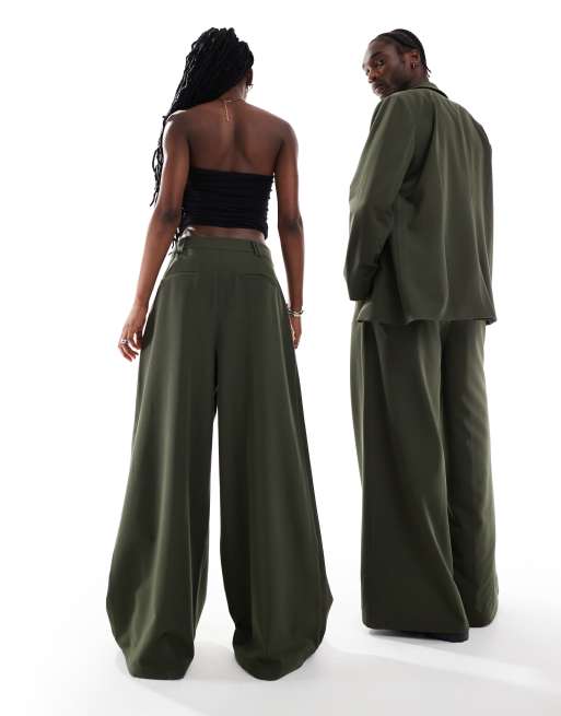COLLUSION Unisex - Pantaloni verde oliva a fondo ampio in coordinato, 3 di 4