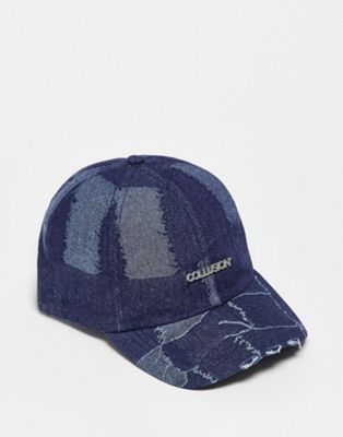 COLLUSION Unisex patchwork distressed denim cap in blue
