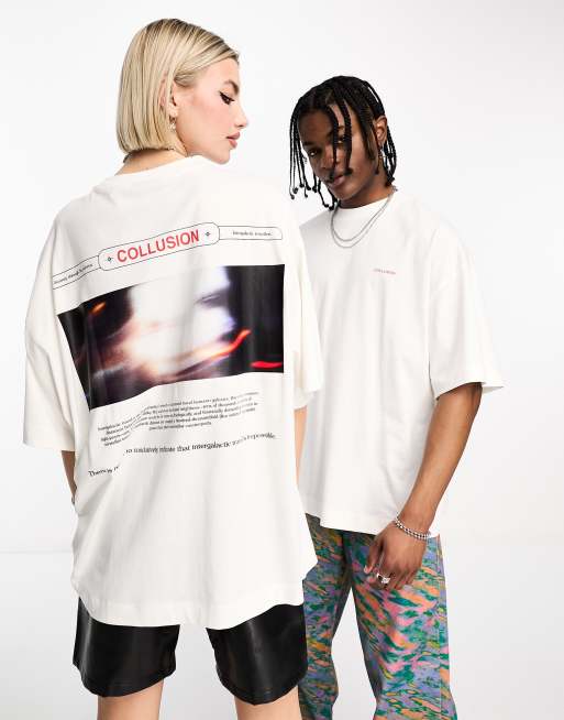 COLLUSION Unisex photographic back print t-shirt in ecru | ASOS