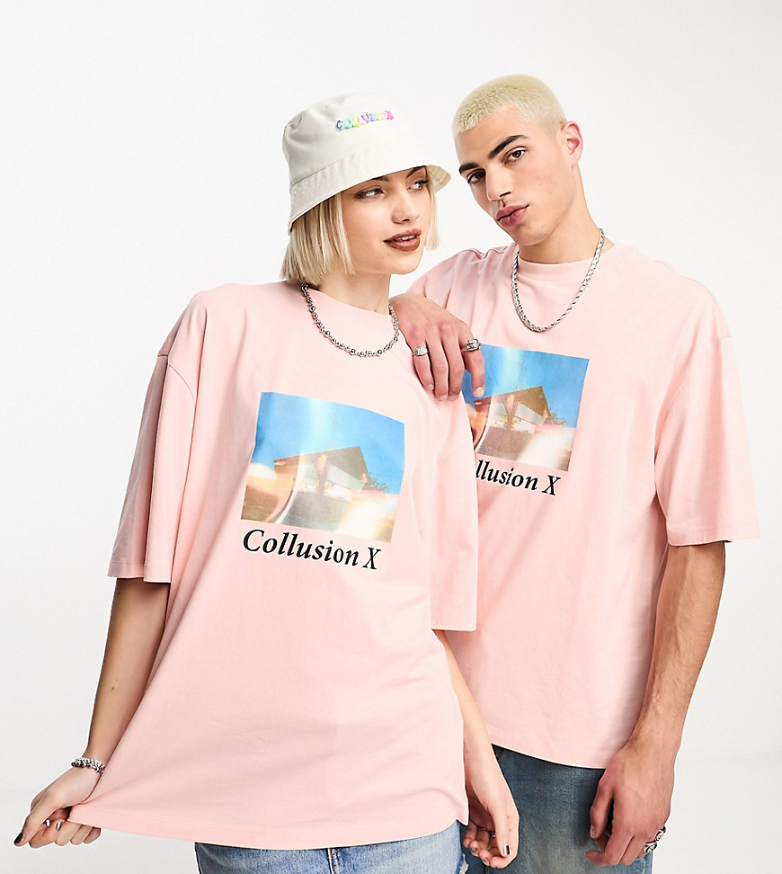 COLLUSION Unisex photographic front print t-shirt in pink