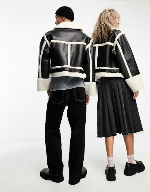 COLLUSION Unisex - Pilotenjack van imitatieleer in zwart met contrasterende voering, 3 van 4