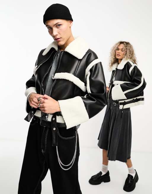 COLLUSION Unisex - Pilotenjack van imitatieleer in zwart met contrasterende voering, 4 van 4