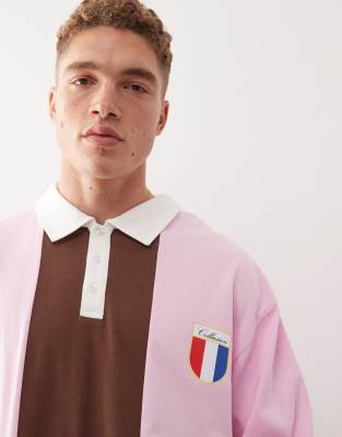 Collusion Unisex Pink & Brown Polo Rugby T-shirt In Pink