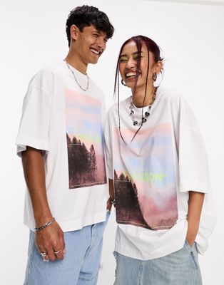 COLLUSION Unisex pink sky photographic print oversized t-shirt in white - ASOS Price Checker