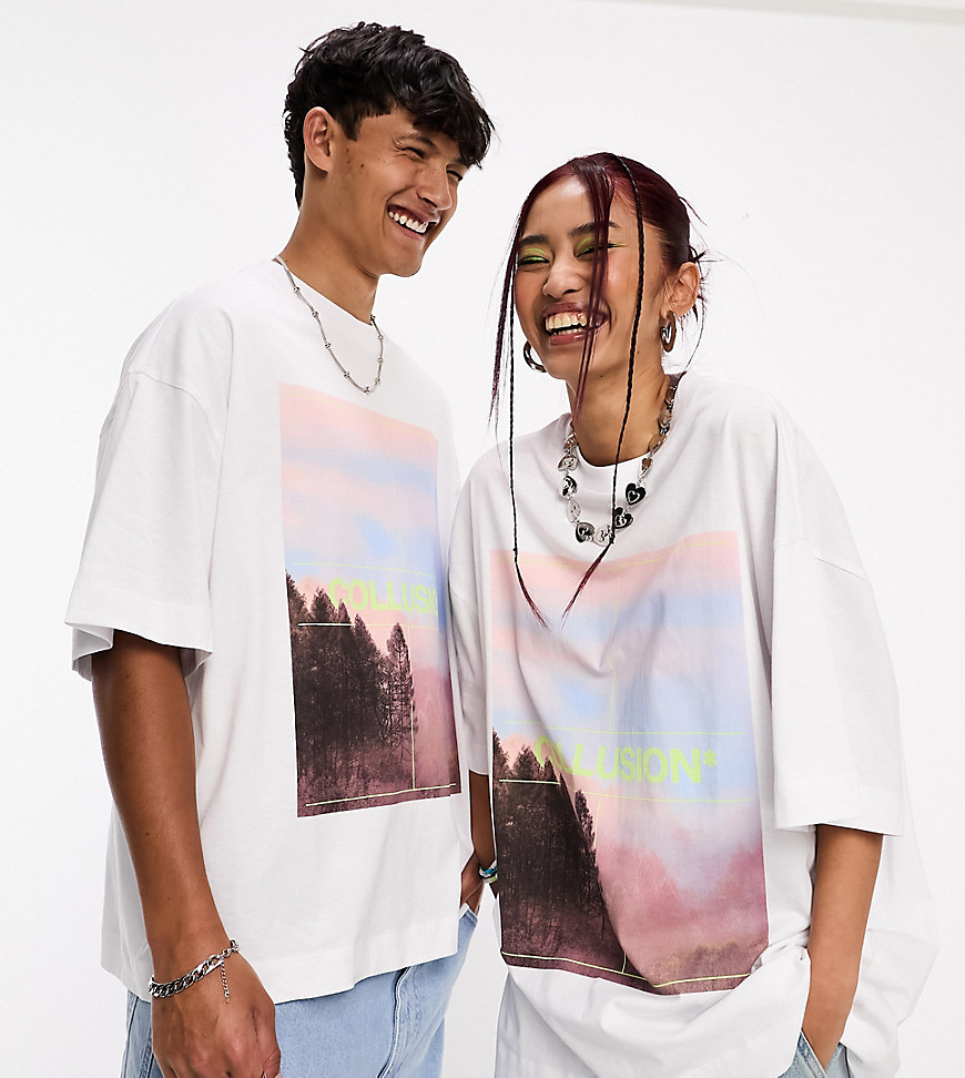 COLLUSION Unisex pink sky photographic print oversized t-shirt in white