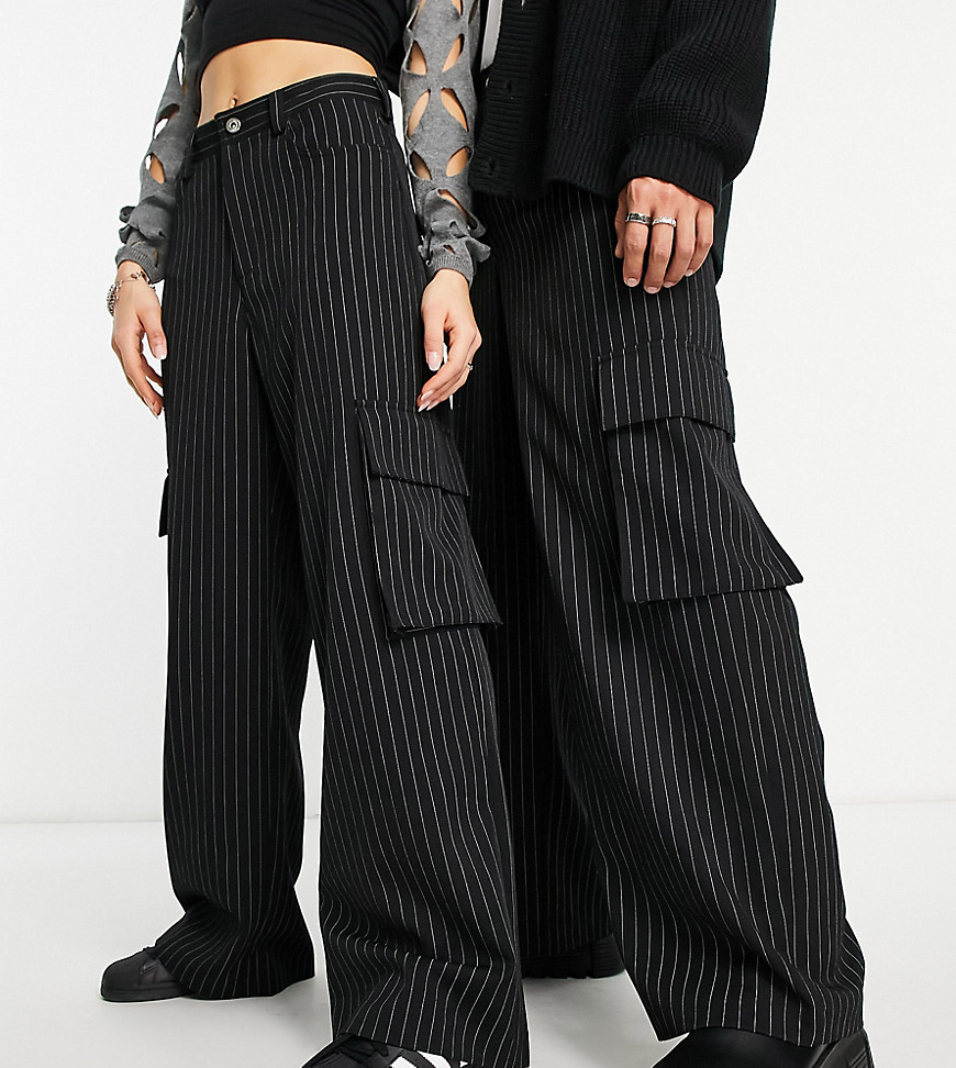 COLLUSION Unisex pinstripe wide leg dressy pants with cargo pocket in black