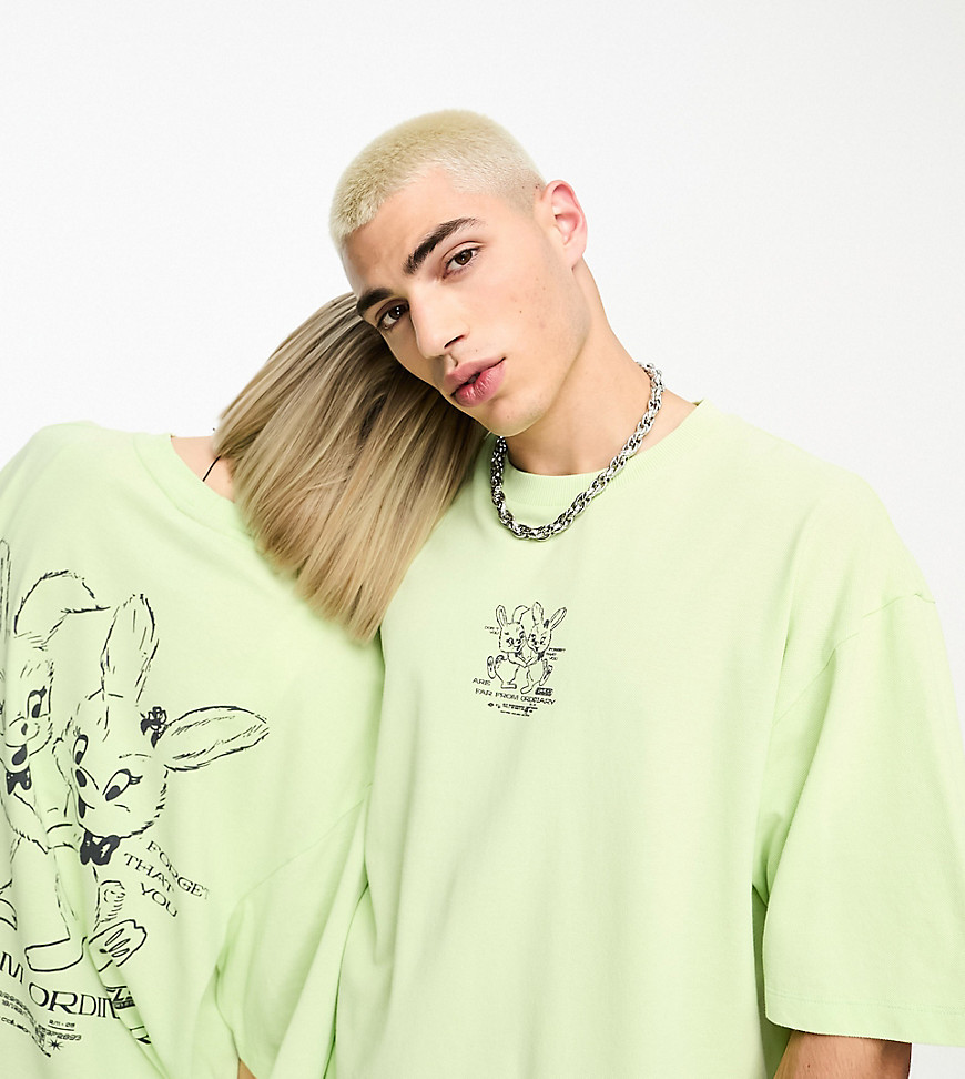COLLUSION Unisex pique bunny back print t-shirt in lime-Green