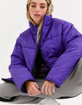 purple puffer coat