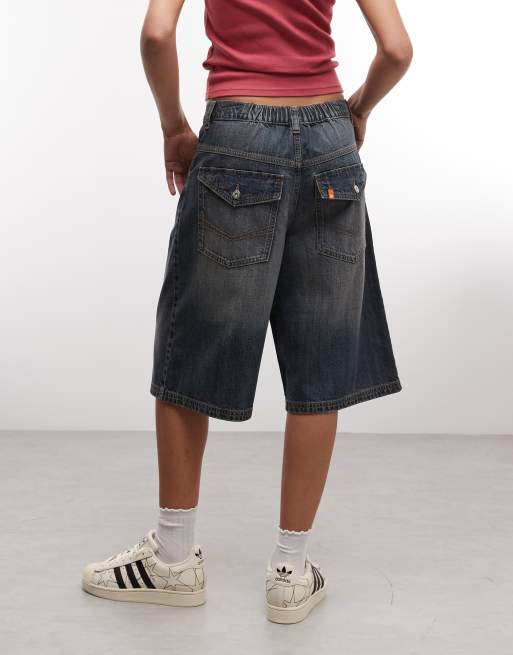 COLLUSION Unisex pleated jort in dark wash, 4 of 4