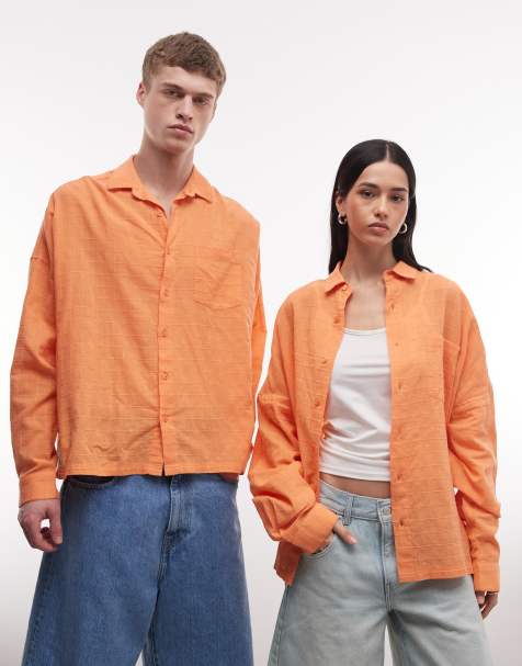 COLLUSION Unisex – Pomarańczowa fakturowana koszula oversize z długimi rękawami w kratę - view 1