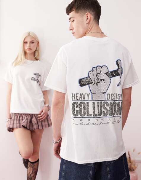 COLLUSION Unisex print t-shirt in white with hammer graphic - view 1