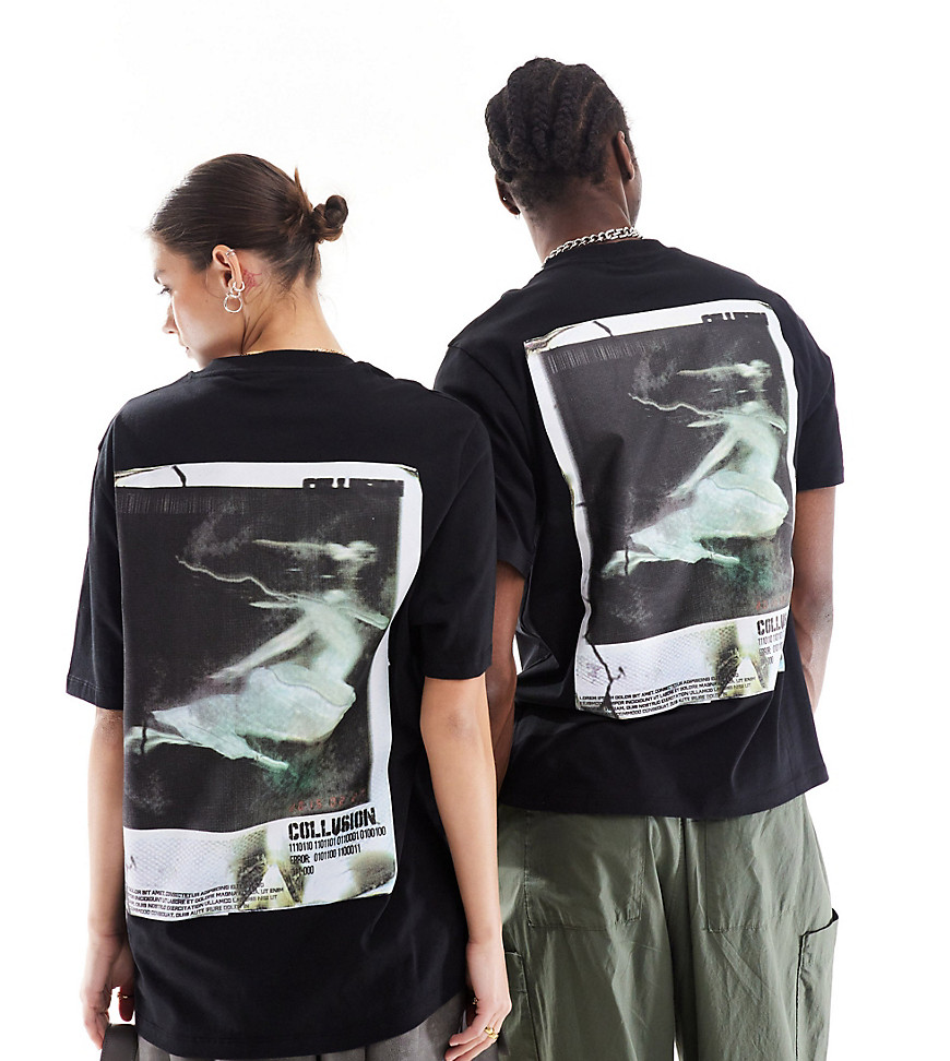 COLLUSION Unisex printed black t-shirt with underwater photograph print