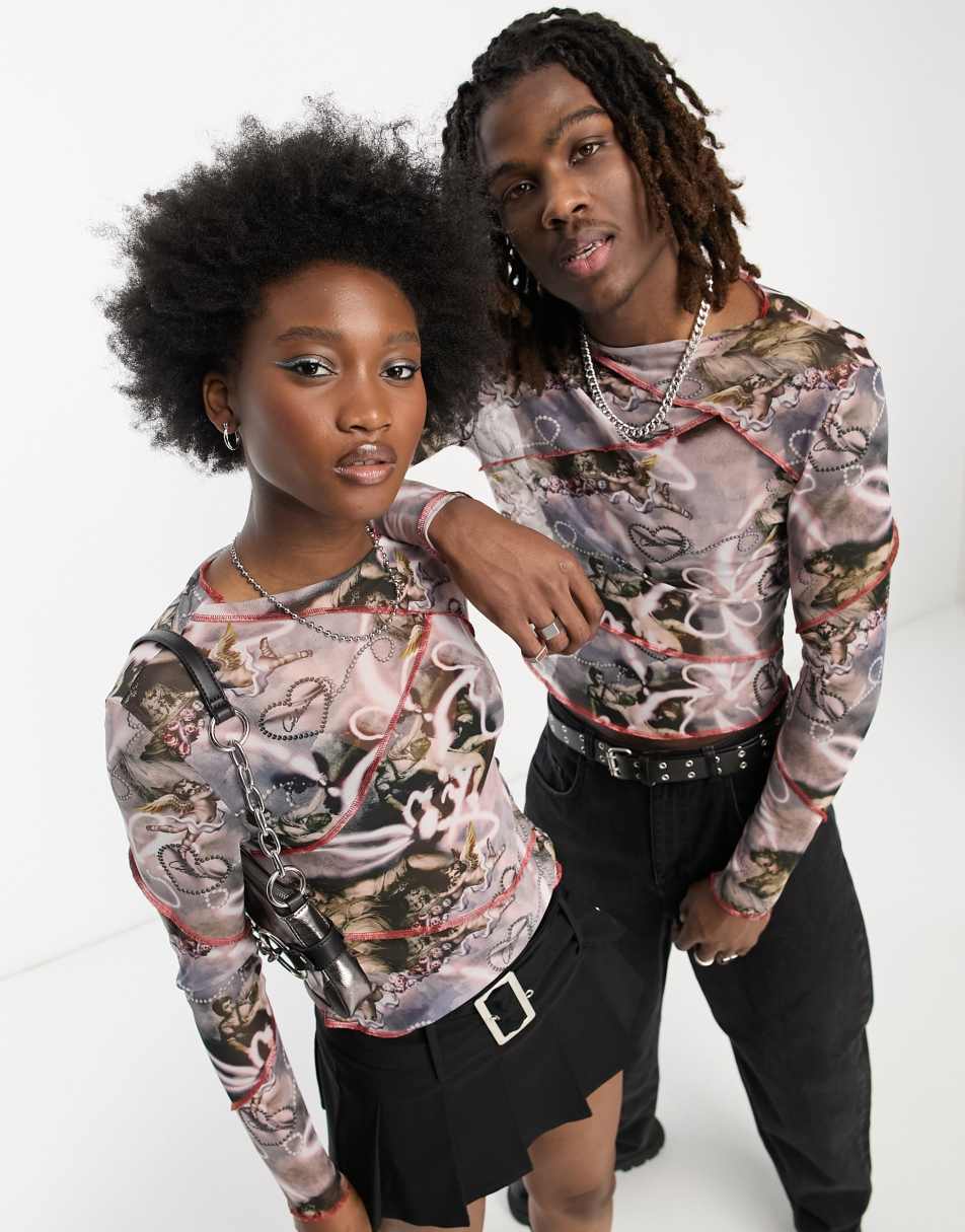 COLLUSION Unisex printed exposed seam long sleeve top in multi