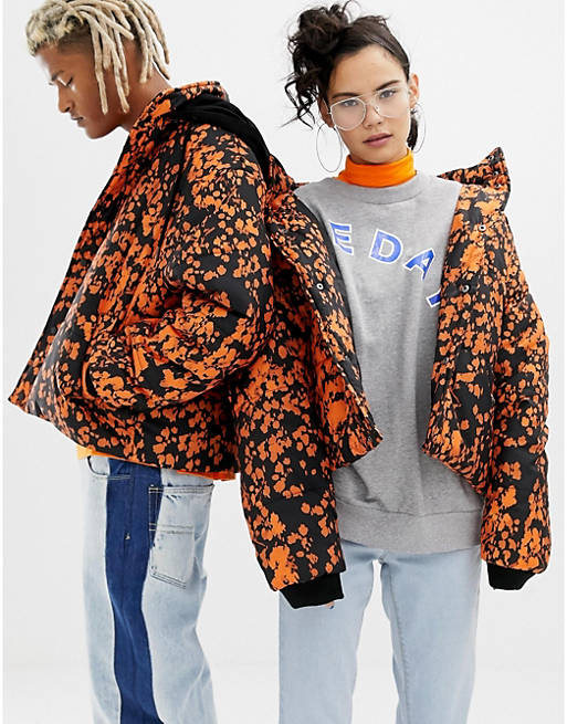 COLLUSION Unisex printed puffer jacket with removeable hood