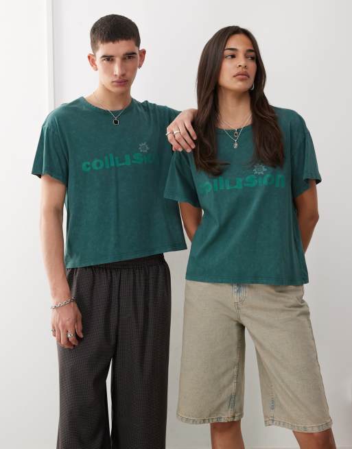 COLLUSION Unisex printed tee in washed green