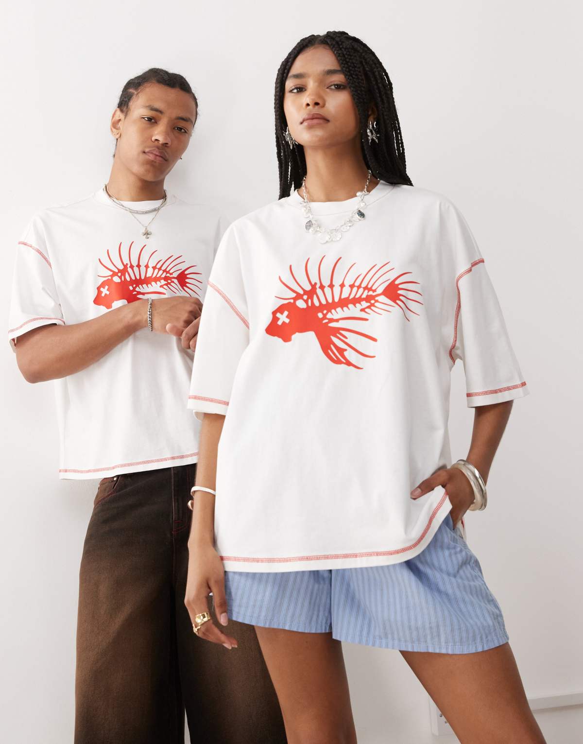 COLLUSION Unisex printed white t-shirt with seam detail and fish print