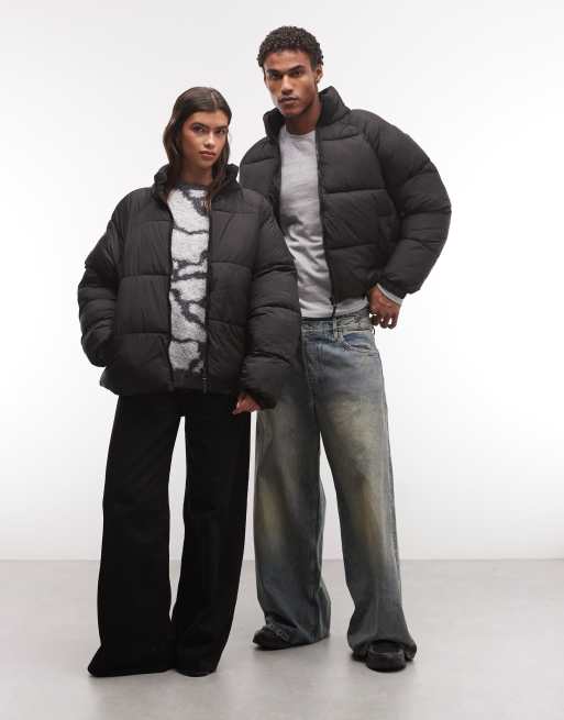 COLLUSION Unisex puffer funnel neck jacket in black, 3 of 4
