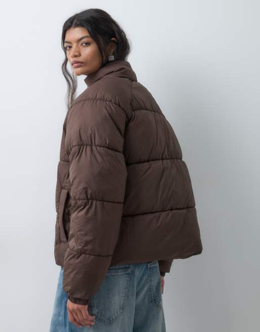 COLLUSION Unisex puffer funnel neck jacket in brown, 4 of 5