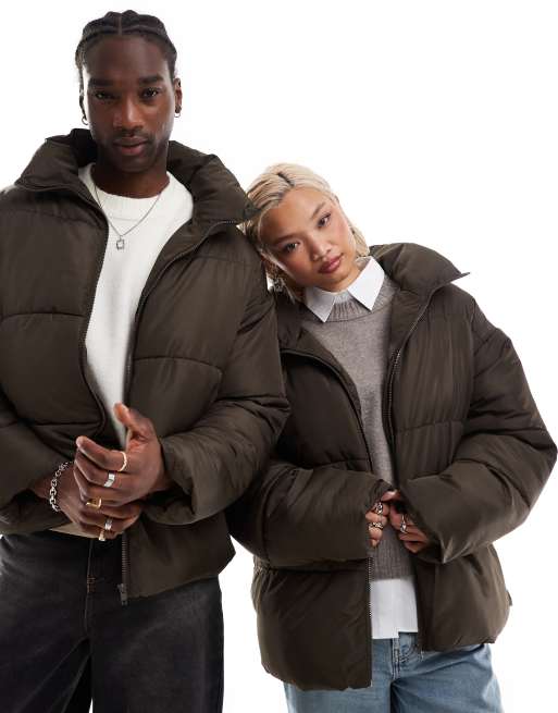 COLLUSION unisex puffer jacket in brown ASOS