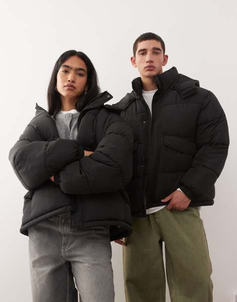 COLLUSION Unisex puffer jacket with hood in black - view 1