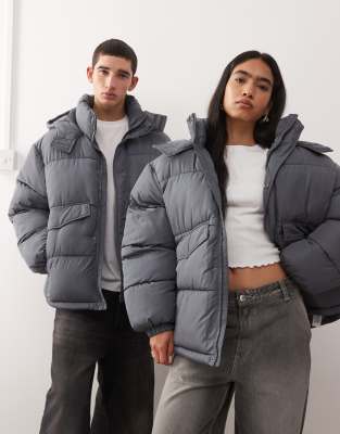 Collusion Unisex Puffer Jacket With Hood In Gray