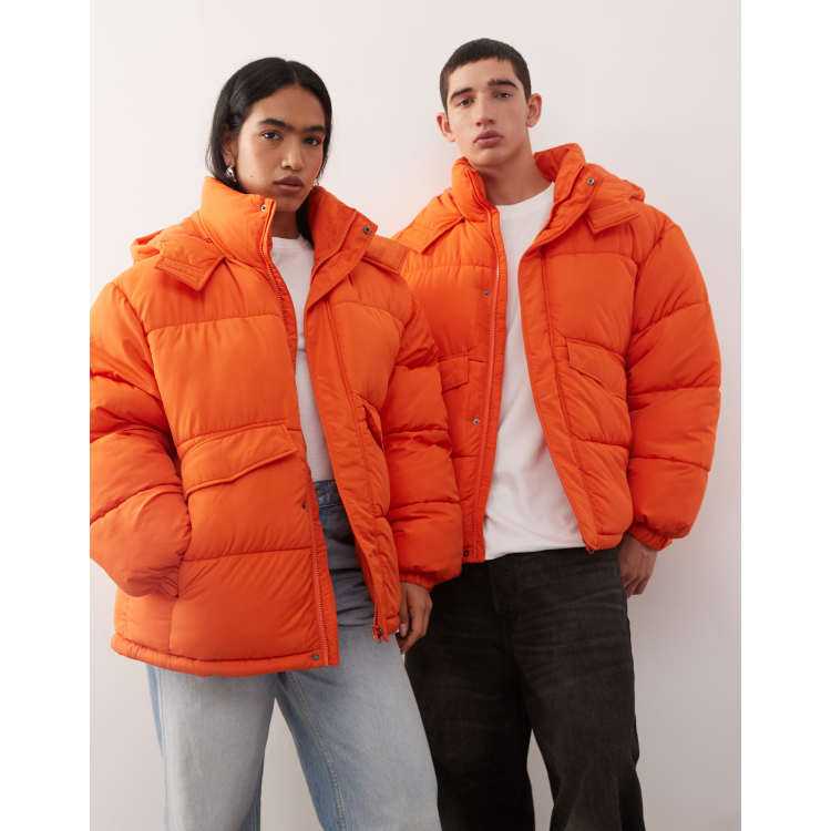 COLLUSION Unisex puffer jacket with hood in orange | ASOS