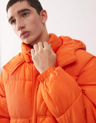 Collusion Unisex Puffer Jacket With Hood In Orange