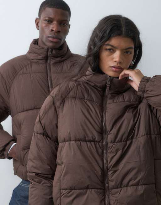 COLLUSION unisex pufferjack met opstaande kraag in bruin, 5 van 5