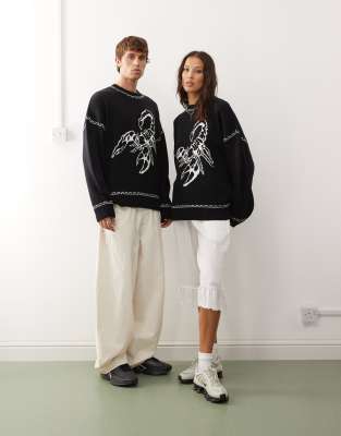 COLLUSION Unisex - Pull à imprimé scorpion - Bleu anthracite-Blanc