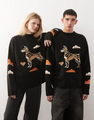 Unisex - Pull en maille à imprimé chien pixelisé-Multicolore 2XS