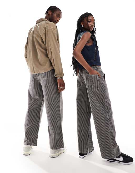 COLLUSION Unisex pull-on denim cargo pants in black ticking stripe 