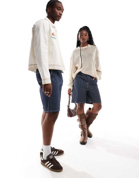 COLLUSION unisex pull on shorts in blue ticking stripe - view 1