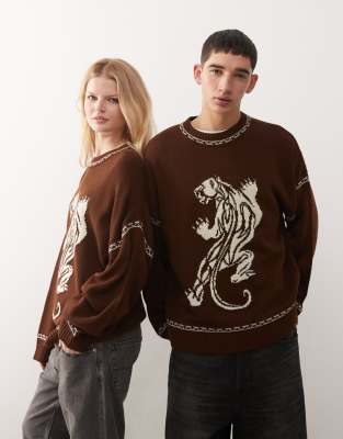 COLLUSION Unisex - Pullover in Schokobraun mit Panther-Grafik-Brown